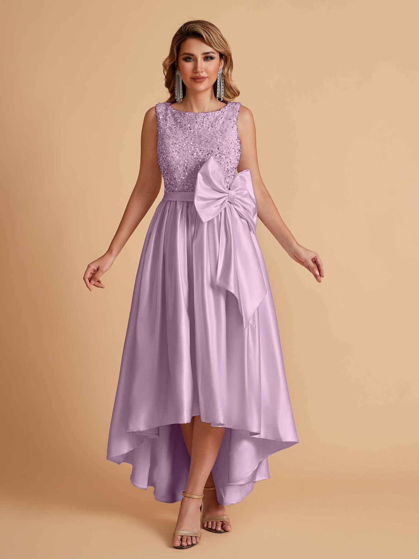 Sparkly Satin Sleeveless Pleats A-line Bridesmaid Dresses High-Low