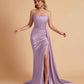Sexy Satin Sleeveless Pleats Mermaid Bridesmaid Dresses Side Slit Floor Length