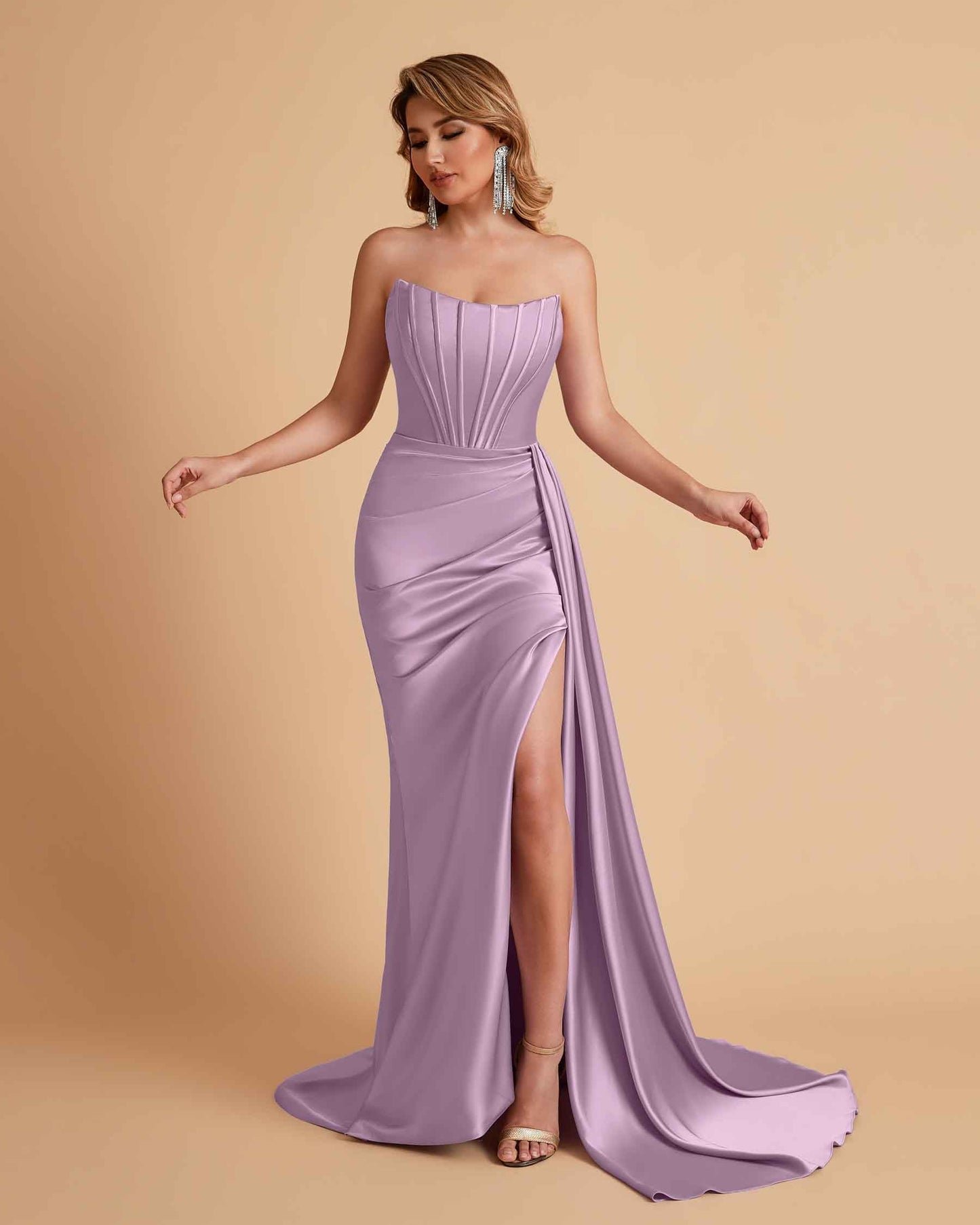 Sexy Satin Sleeveless Pleats Mermaid Bridesmaid Dresses Side Slit Floor Length