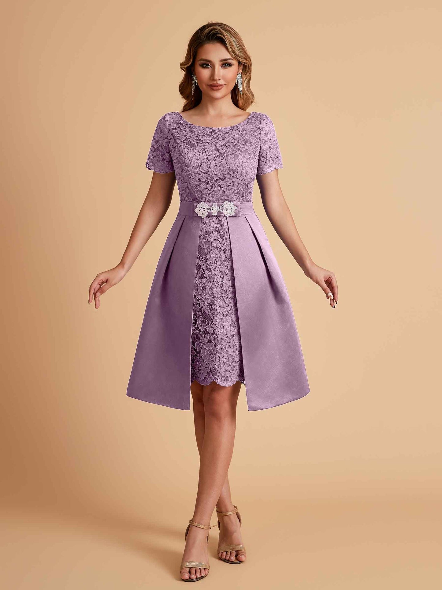Elegant A-line Short Sleeves Jewel Knee Length Mother of the Brides Dresses