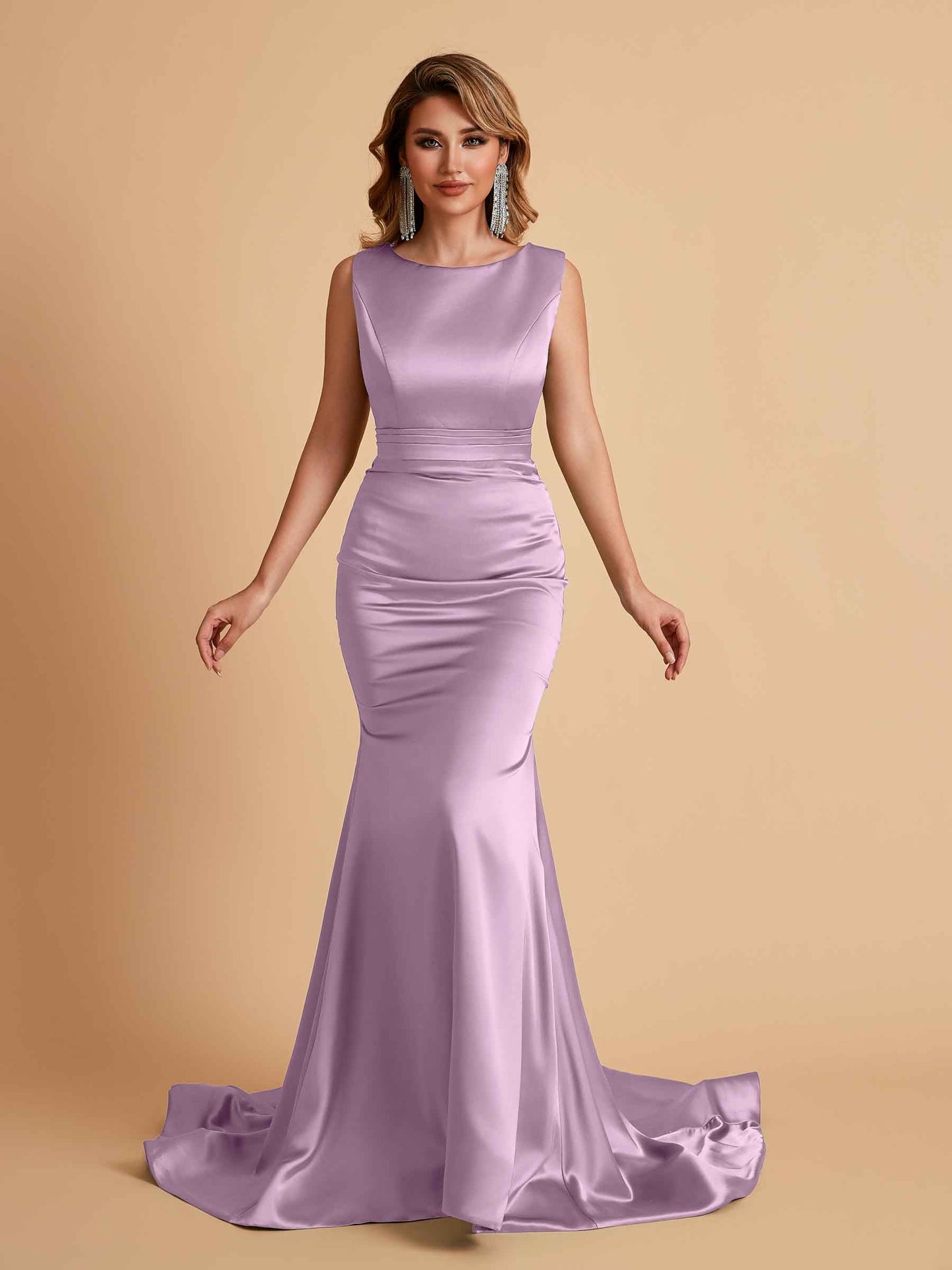 Elegant Satin Sleeveless Pleats Mermaid Bridesmaid Dresses Floor Length