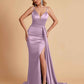 Sexy Satin Mermaid Spaghetti Straps V-neck Side Slit Long Bridesmaid Dresses